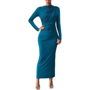 Women’s  Long Sleeve Ruched Bodycon Back Slit Maxi Dress